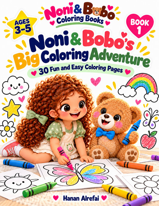 Noni and Bobo Big Coloring Adventure book cover, 30 coloring pages, ages 3 to 5