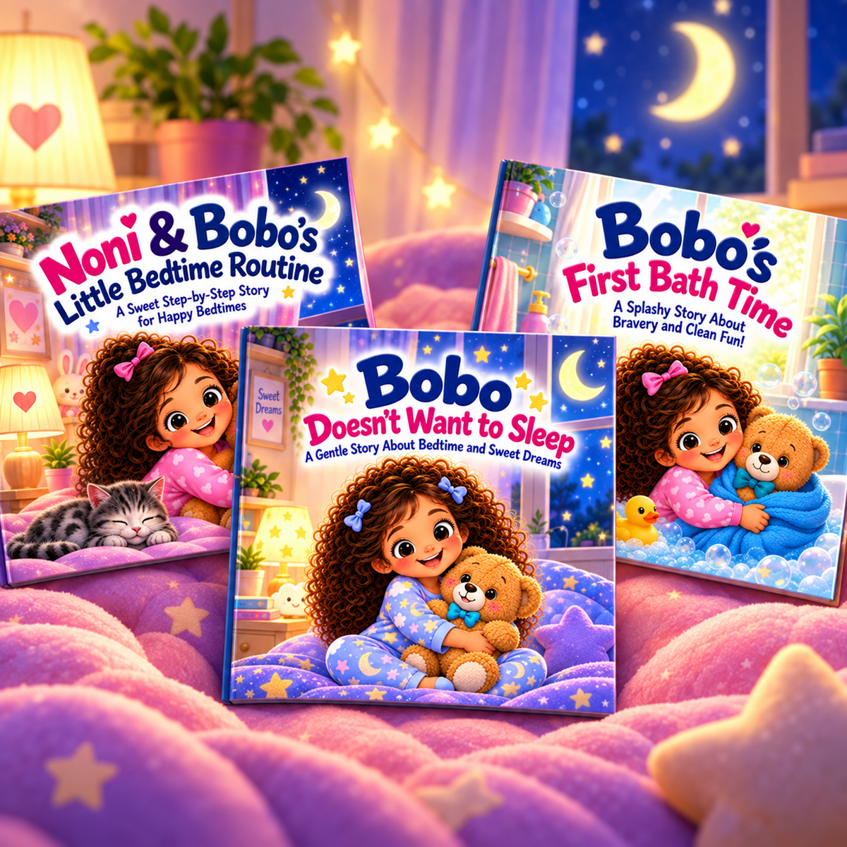 Three Noni and Bobo storybook covers for the evening routine PDF bundle